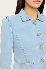 Image of model wearing he Generation Love Lombardi Denim Blazer close up front view