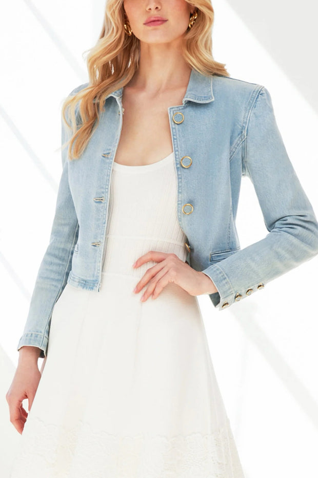 Image of model wearing he Generation Love Lombardi Denim Blazer front view with one hand on hip