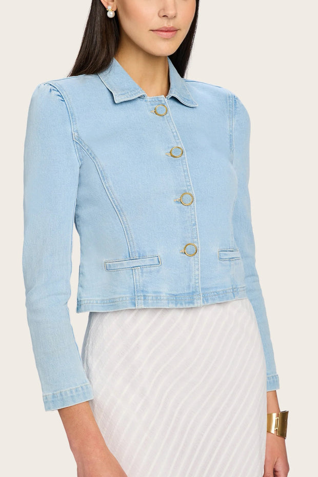 Image of model wearing he Generation Love Lombardi Denim Blazer front view 