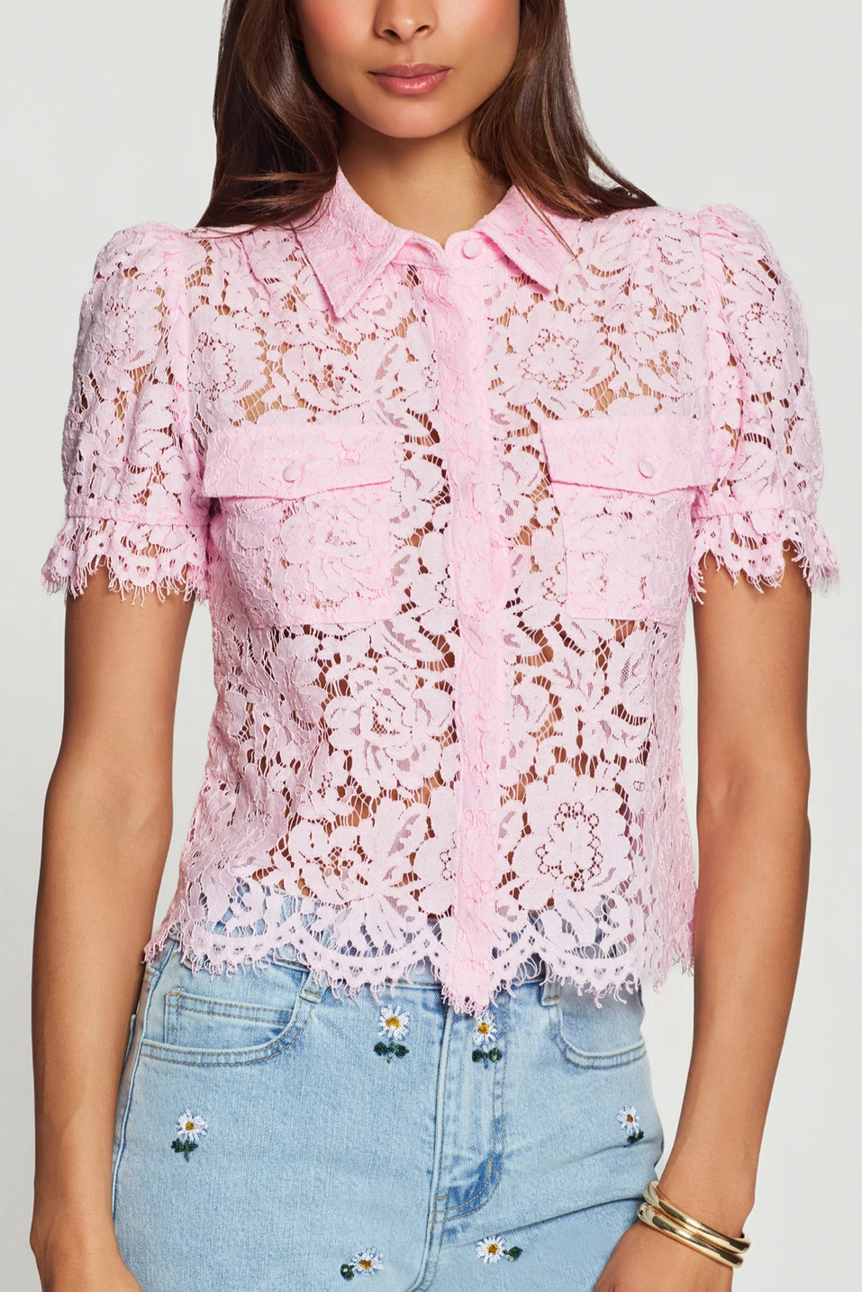 pink button down lace top with front pockets