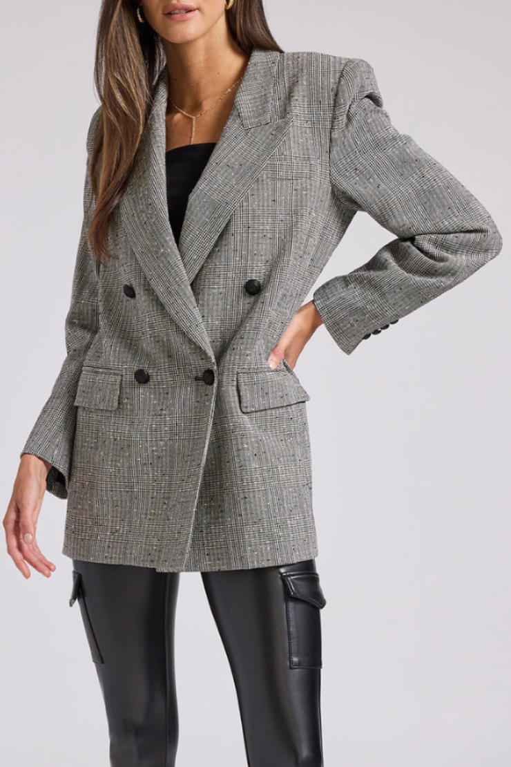 Image of model wearing Generation Love Penelope plaid blazer in black/grey