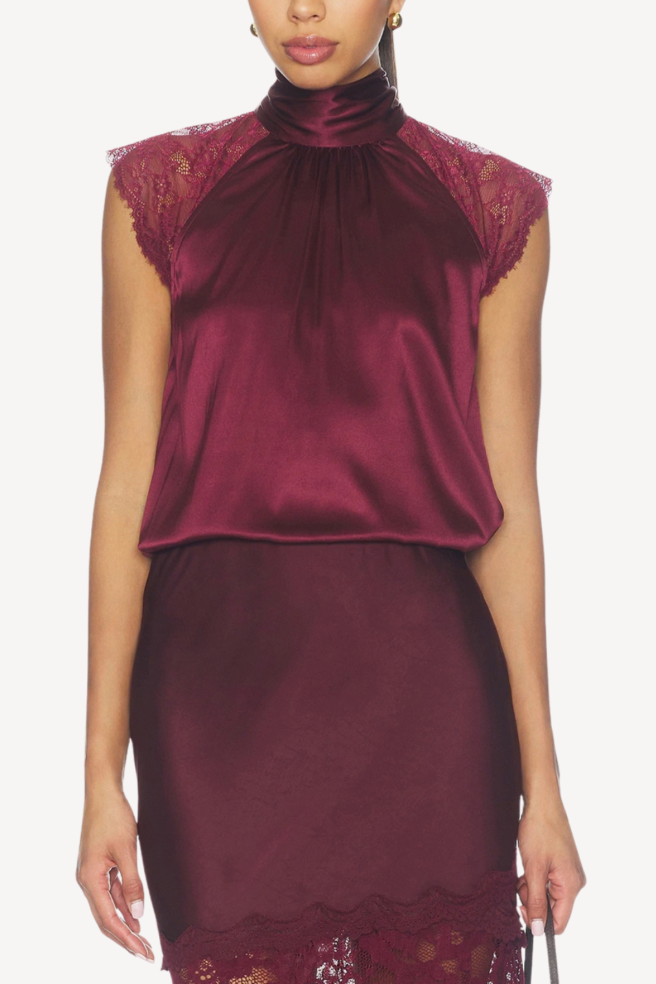 burgundy/wine colored lace and silk top with burgundy lace skirt 