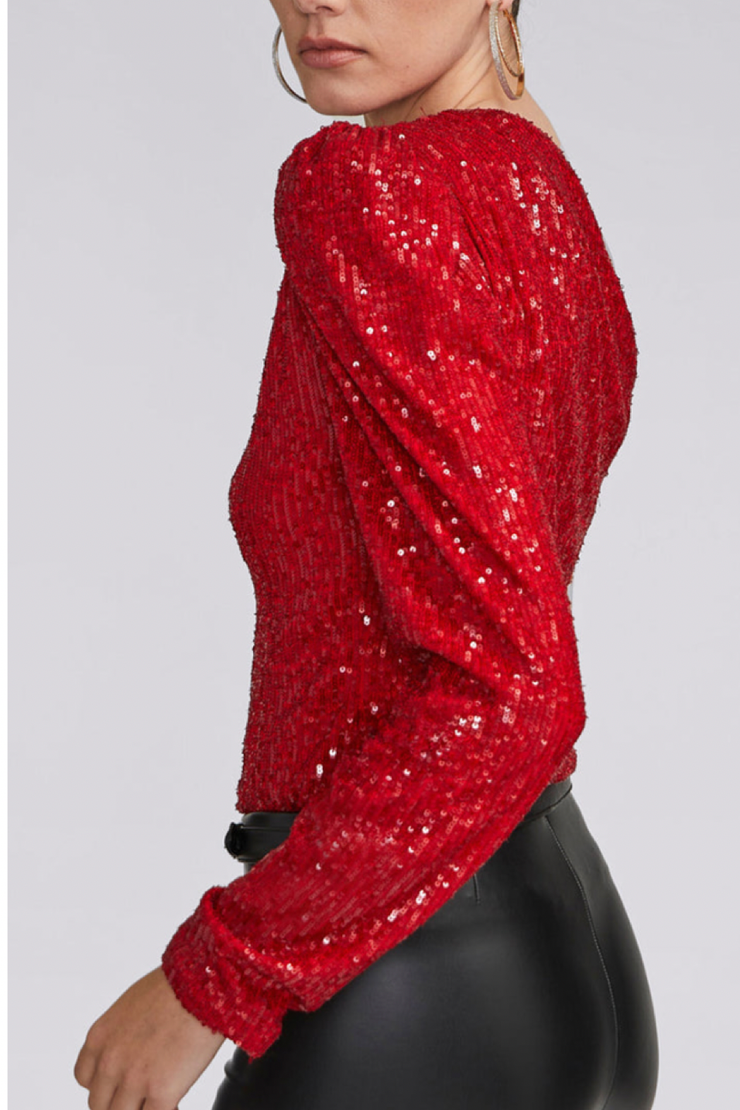 Image of model wearing Generation love Vetta top in red sequin
