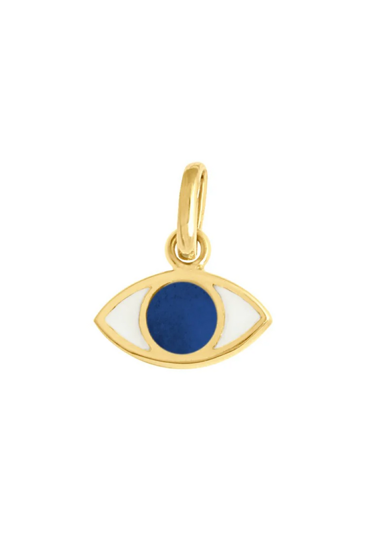 Gold pendant with a blue eye design on a white background
