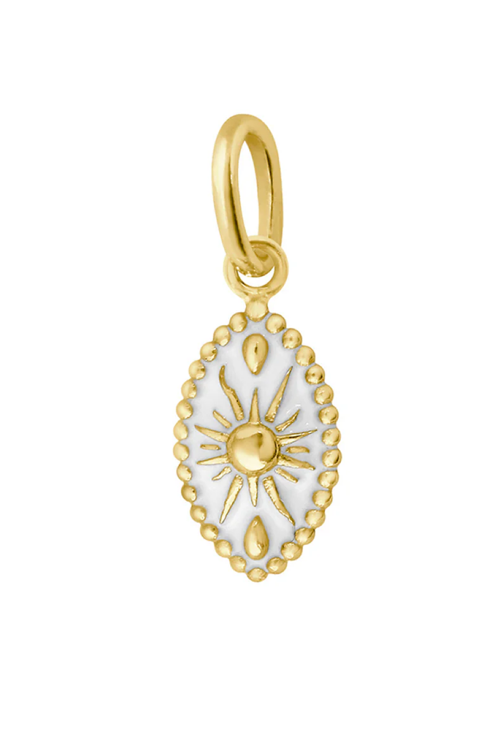 Gold pendant with sun design on a white background