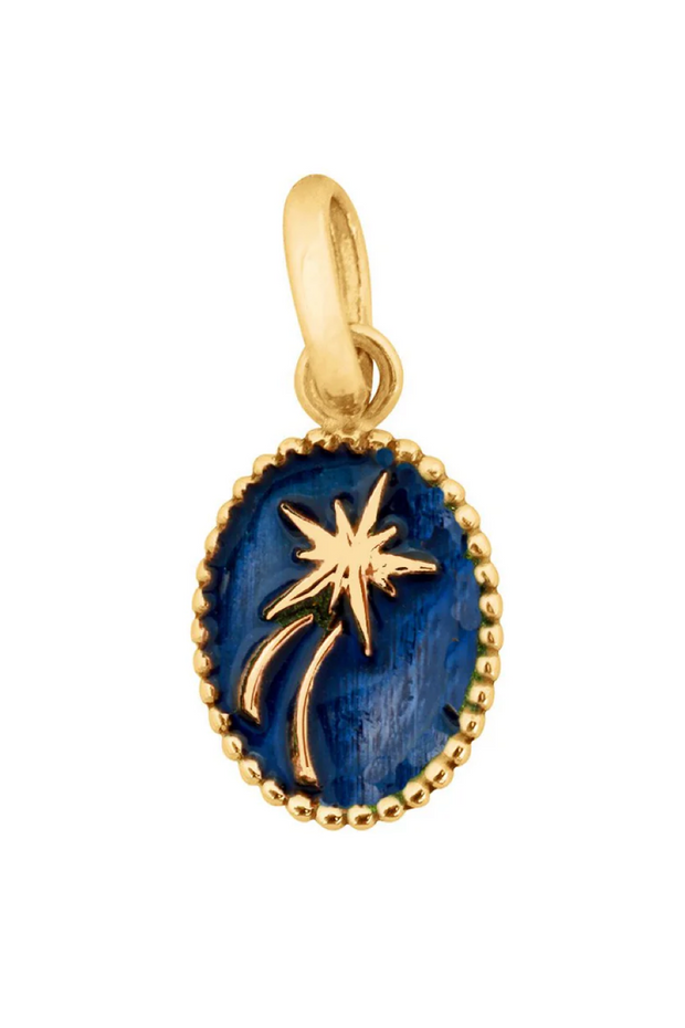 Gold pendant with blue stone and star design on a white background