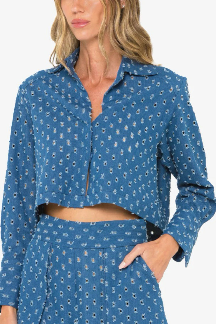 Image of model wearing the Hevron Pepper Top front view