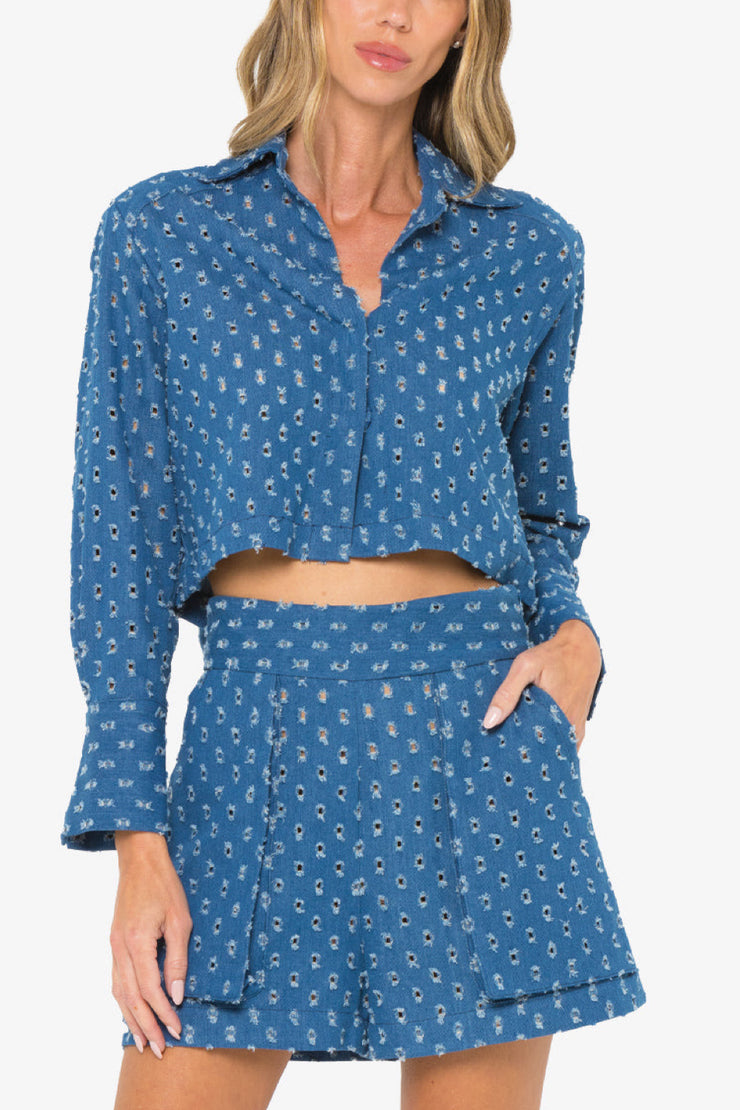 Image of model wearing the Hevron Pepper Top front view