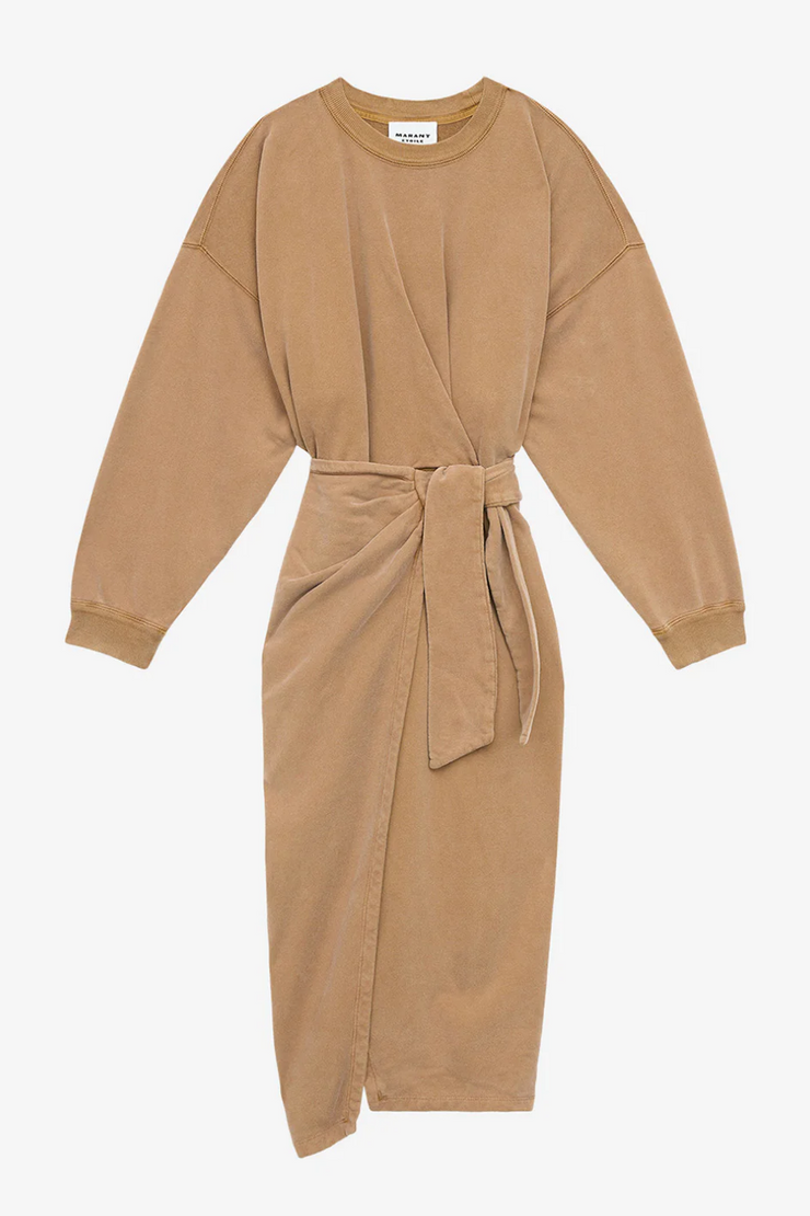 Caramel dress with a belt on a white background