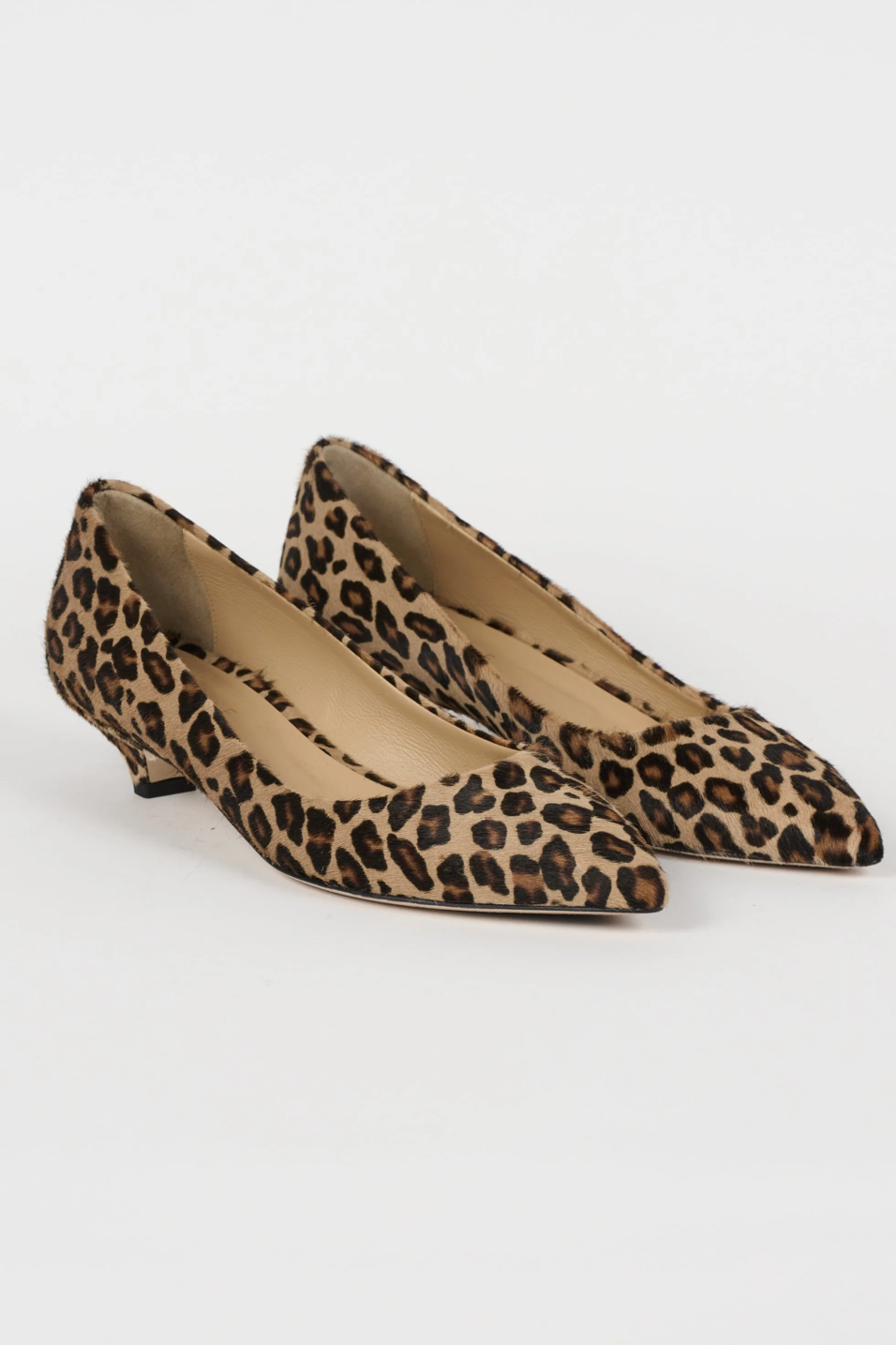 Pair of leopard print shoes on a light gray background