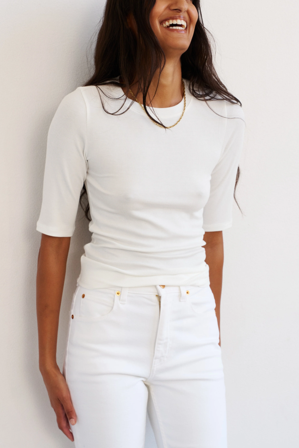 white elbow length shirt 