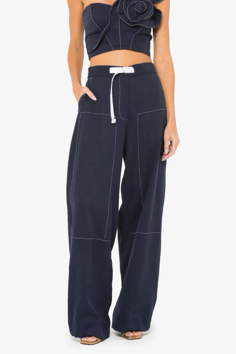Image of model wearing the JBQ Jill Pant front view with one hand in pocket
