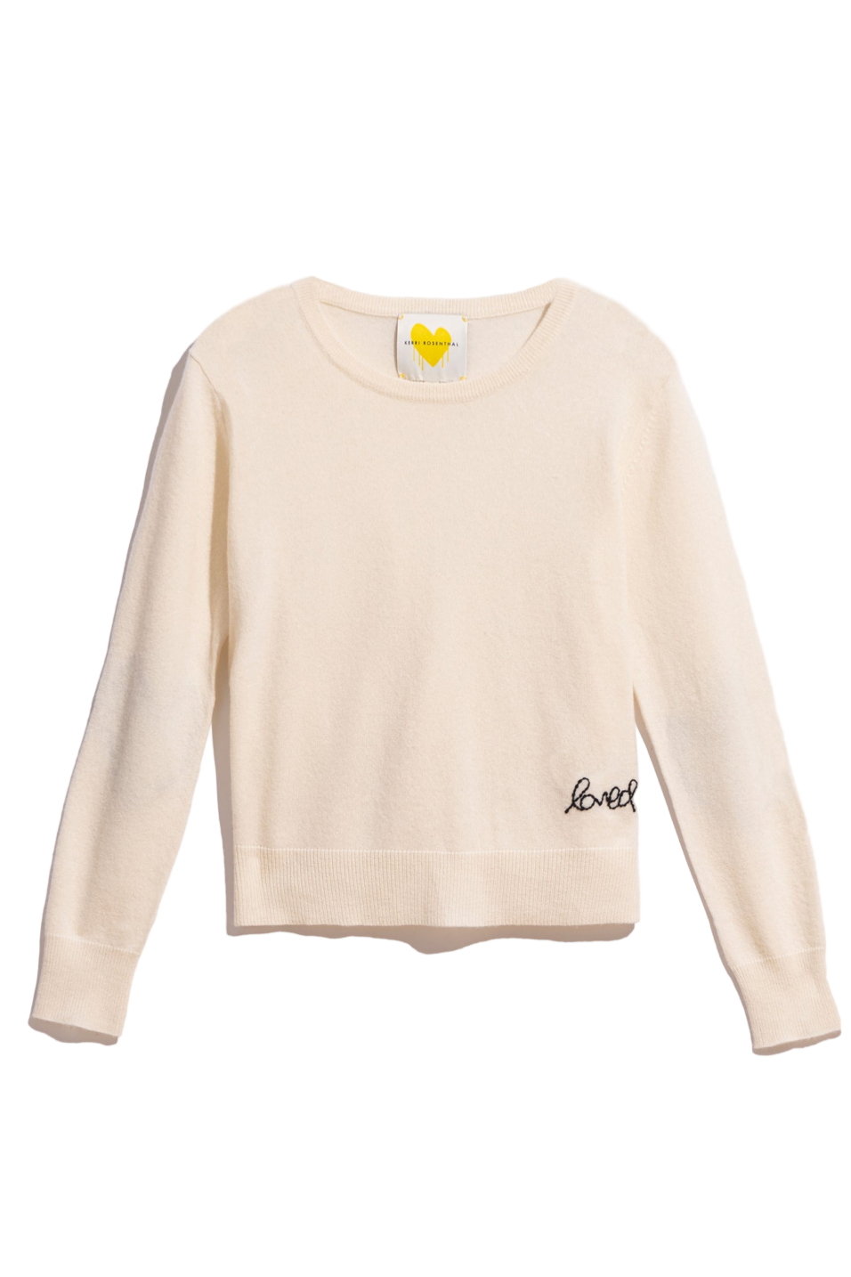 Cashmere sweater with 'love' embroidery on a white background