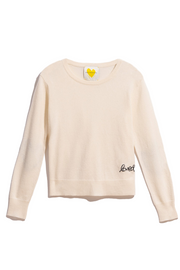 Cashmere sweater with 'love' embroidery on a white background