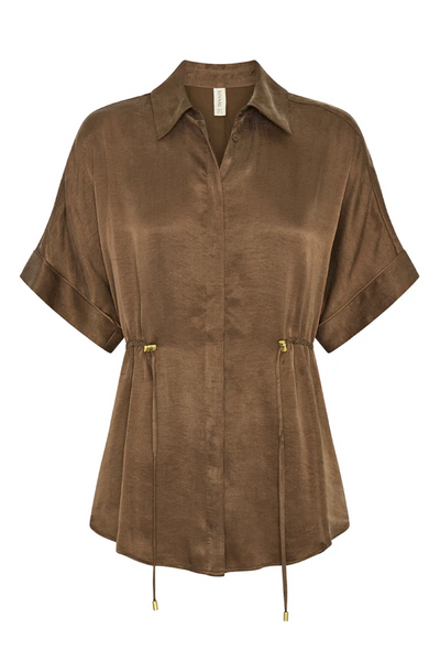 Mocha top with short sleeves on a white background