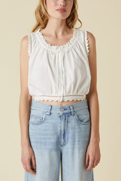 Image of model wearing the Le Jean Eyelet Cami front view
