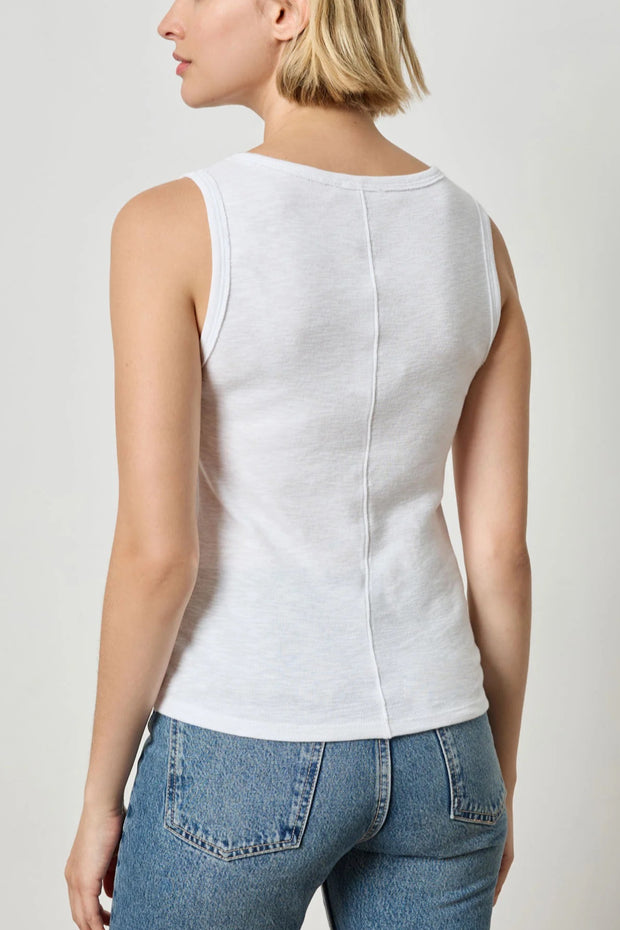 Image of model wearing the lilla p wide strap tank back view