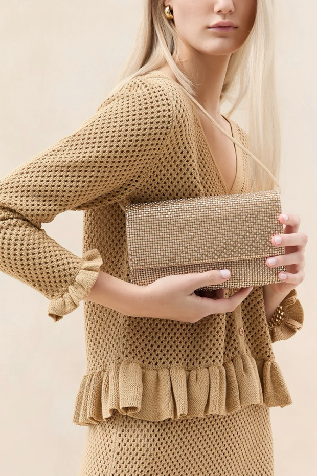 Image of Loeffler Randall Charlee flap clutch in Gold Diamanté with Glass Rhinestones