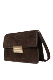 Brown textured handbag with a gold clasp on a white background