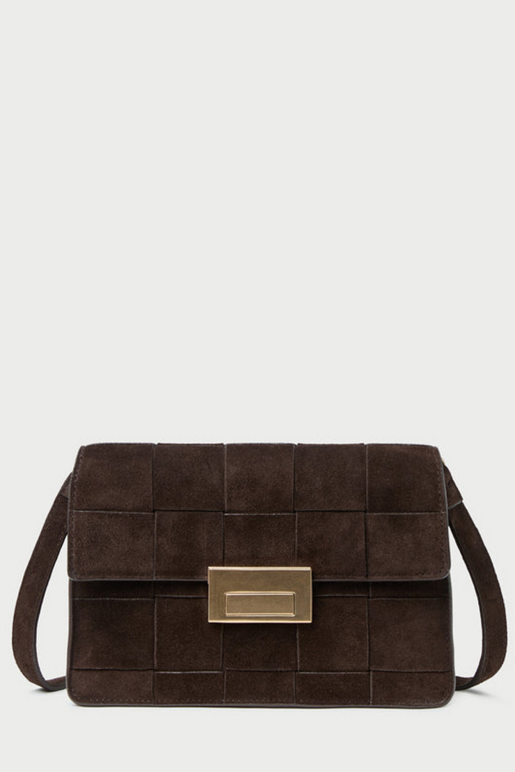 Brown textured handbag with a gold clasp on a light gray background