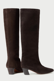 Pair of suede brown knee-high boots on a white background