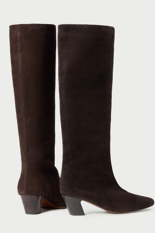 Pair of suede brown knee-high boots on a white background
