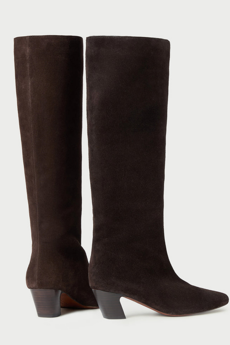 Pair of suede brown knee-high boots on a white background