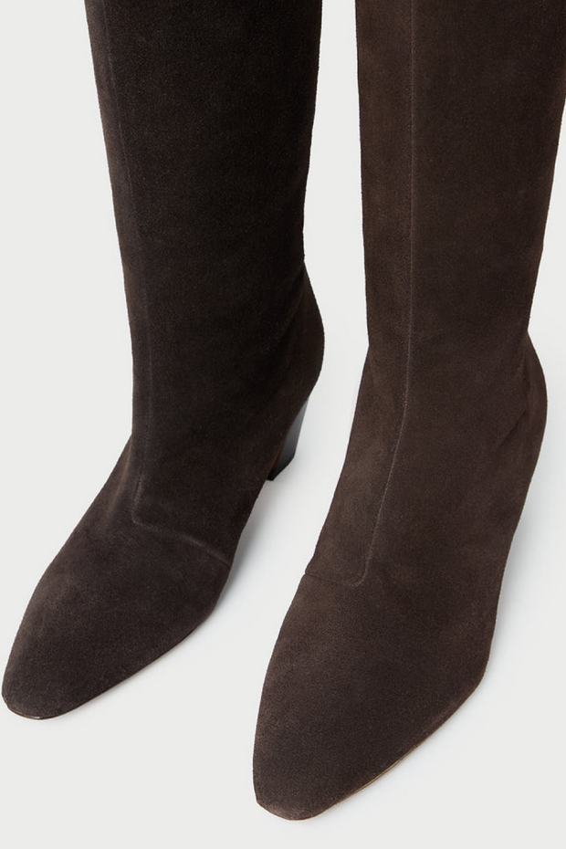 Brown suede knee-high boots on a white background