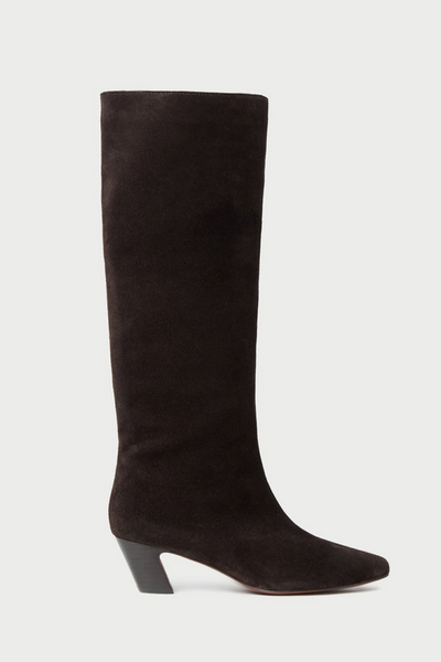 Dark brown suede knee-high boot on a light gray background