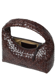 Brown woven handbag on a white background