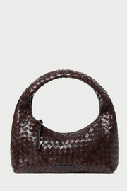 Brown woven handbag on a light gray background