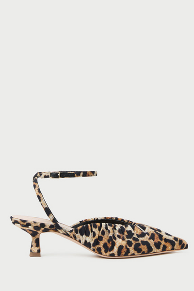 Leopard print high heel shoe on a white background