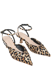 Pair of leopard print shoes on a white background