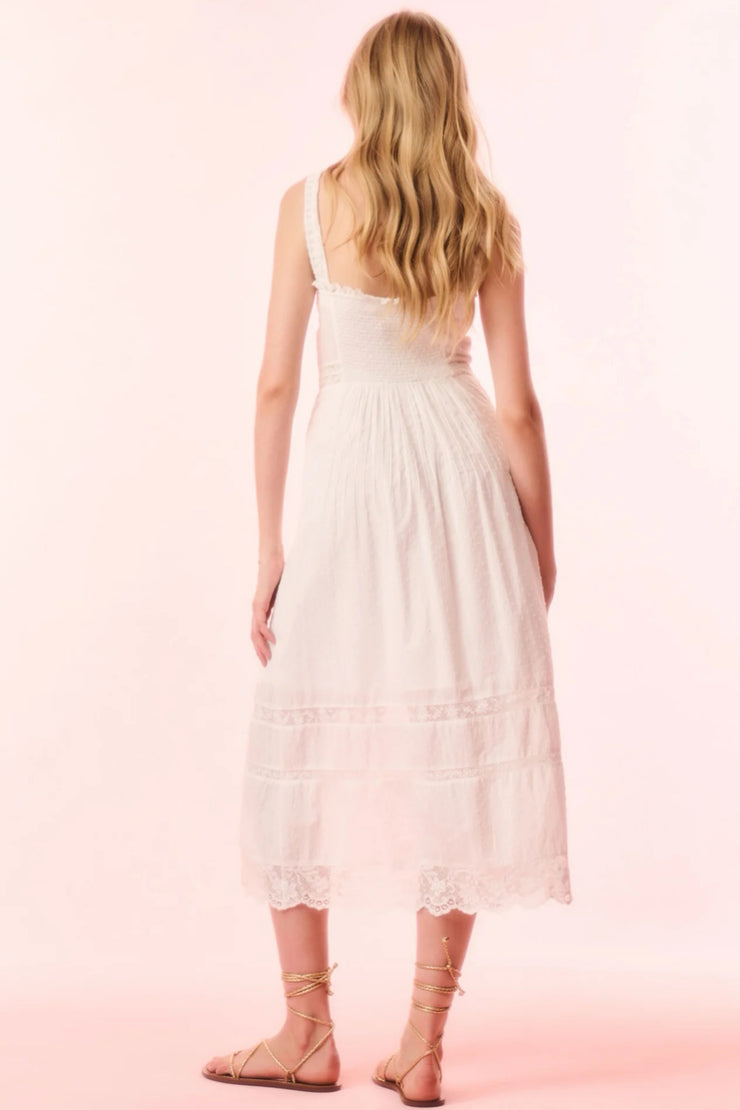 Image of model wearing the Love Shack Fancy Judalon Dress back view