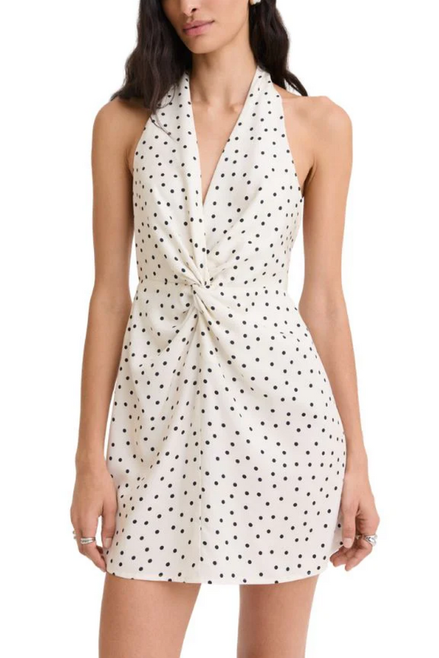 vneck mini dress in a cream color with black polka dots 