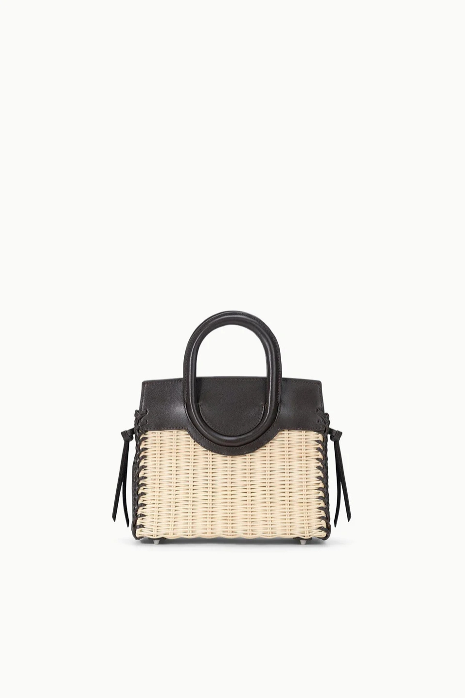 Handbag with black top handle and beige woven body on a white background