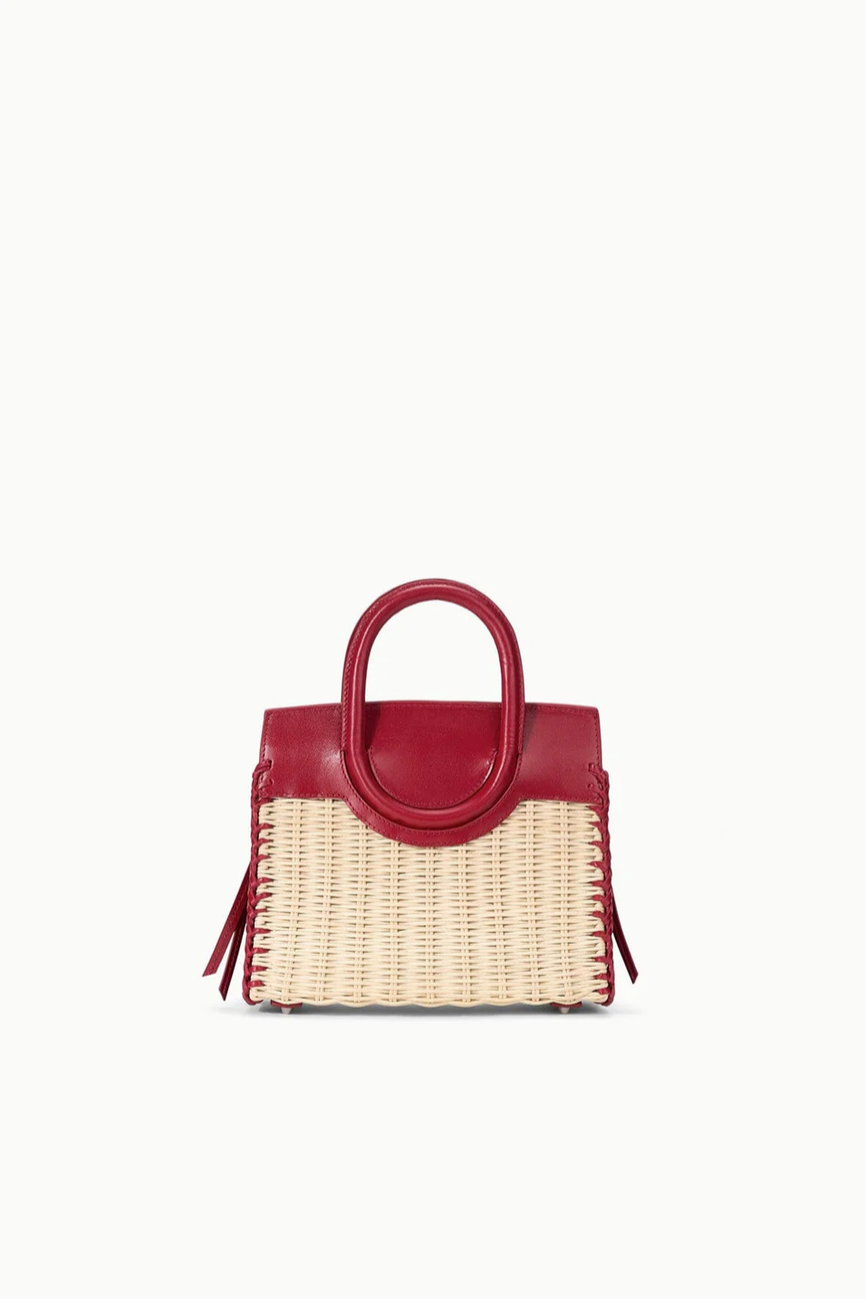 Handbag with red top handle and beige woven body on a white background