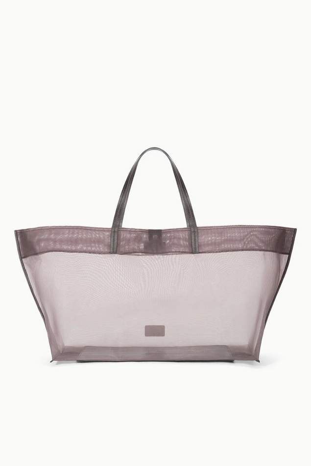 Translucent tote bag with dark brown, espresso,  mesh and handle on a white background