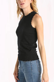 Image of side of model in the cashmere frayed tank