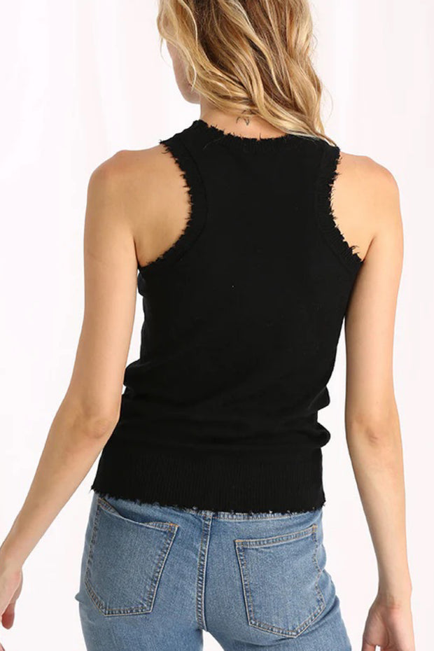 Image of the backside of model wearing the cotton cashmere frayed tank