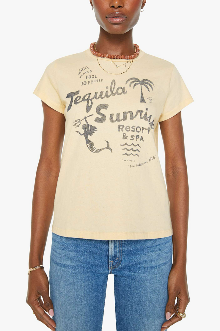 Person wearing a beige t-shirt with 'Tequila Sunrise' graphic design.
