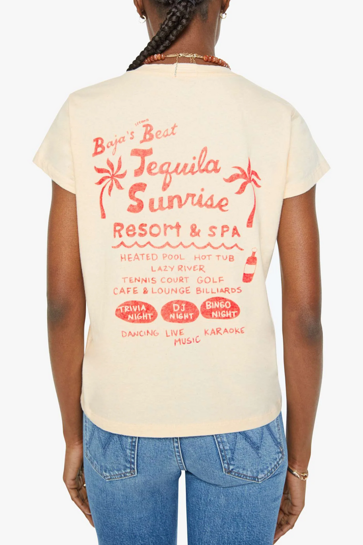 Person wearing a beige t-shirt with 'Tequila Sunrise' graphic design