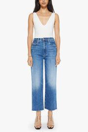 Image of model wearing the Mother The Maven Ankle Fray front view