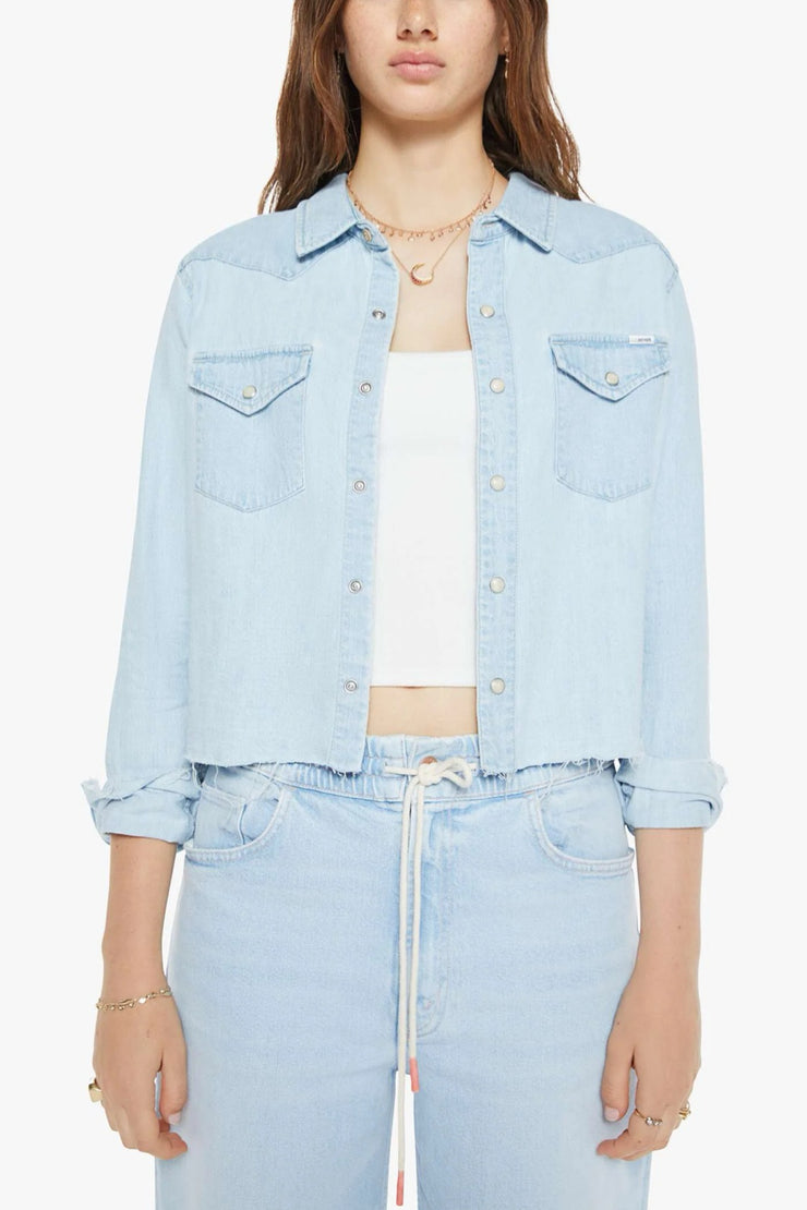 Image of model wearing the Mother The Super Exes Crop Fray front view