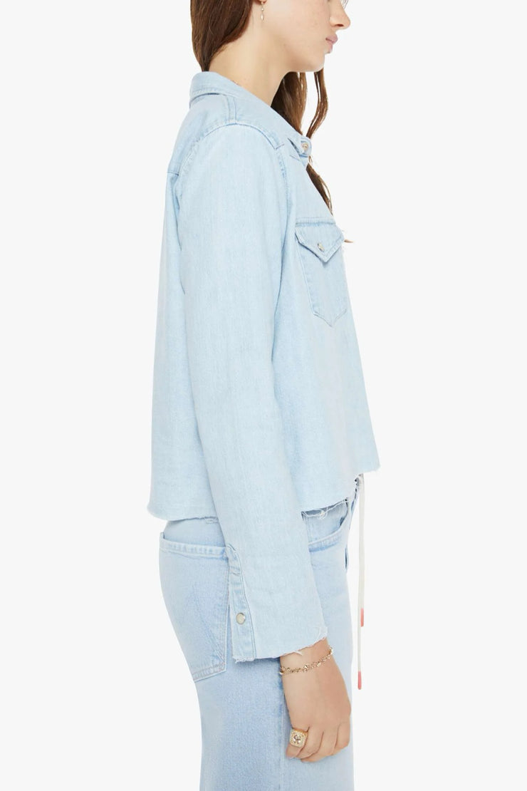 Image of model wearing the Mother The Super Exes Crop Fray side view