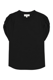 Black top with pleated sleeves on a white background