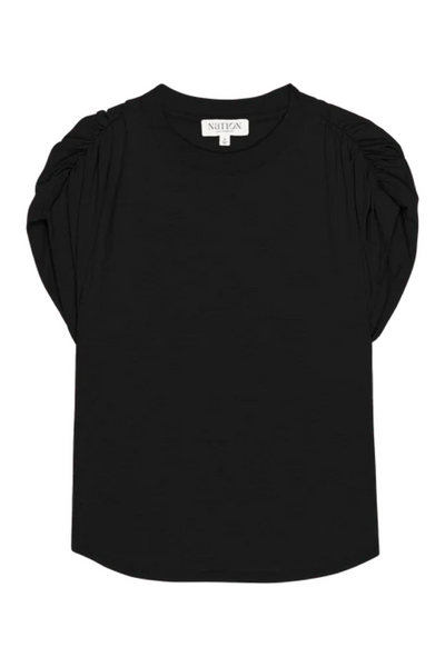 Black top with pleated sleeves on a white background