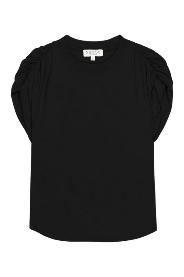Black top with pleated sleeves on a white background