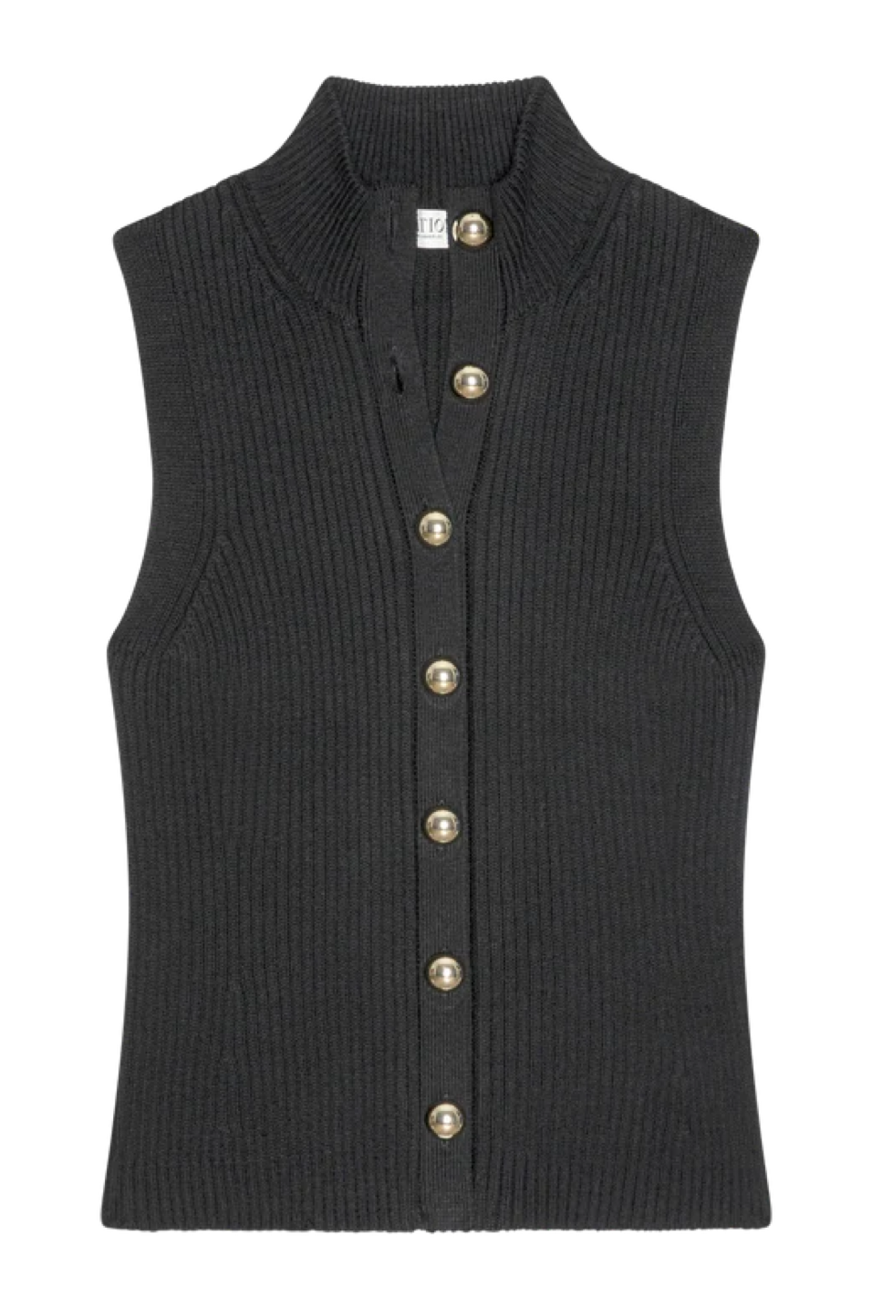 Black ribbed knit vest with button details on a white background