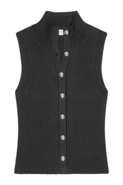 Black ribbed knit vest with button details on a white background